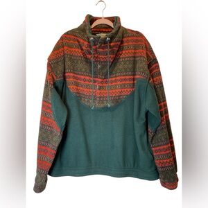 EMS Vintage 90s Geometric Fleece Cozy Green and Red Patterned Pullover Size XL